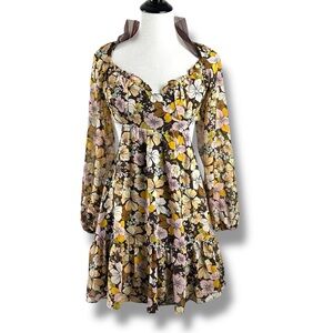 ASTR The Label Size M Long Sleeve Teyla Mini Dress Brown Gold Hippie Floral NWT